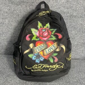 Ed Hardy Black Backpack Eternal Love Heart Rose Tattoo Print Bag